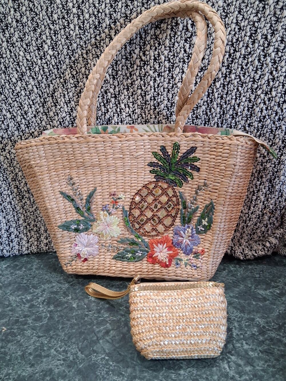 Vtg Cappelli Straworld Handbag Tote W/Pouch Sequin Pineapple Tropical Floral Zip